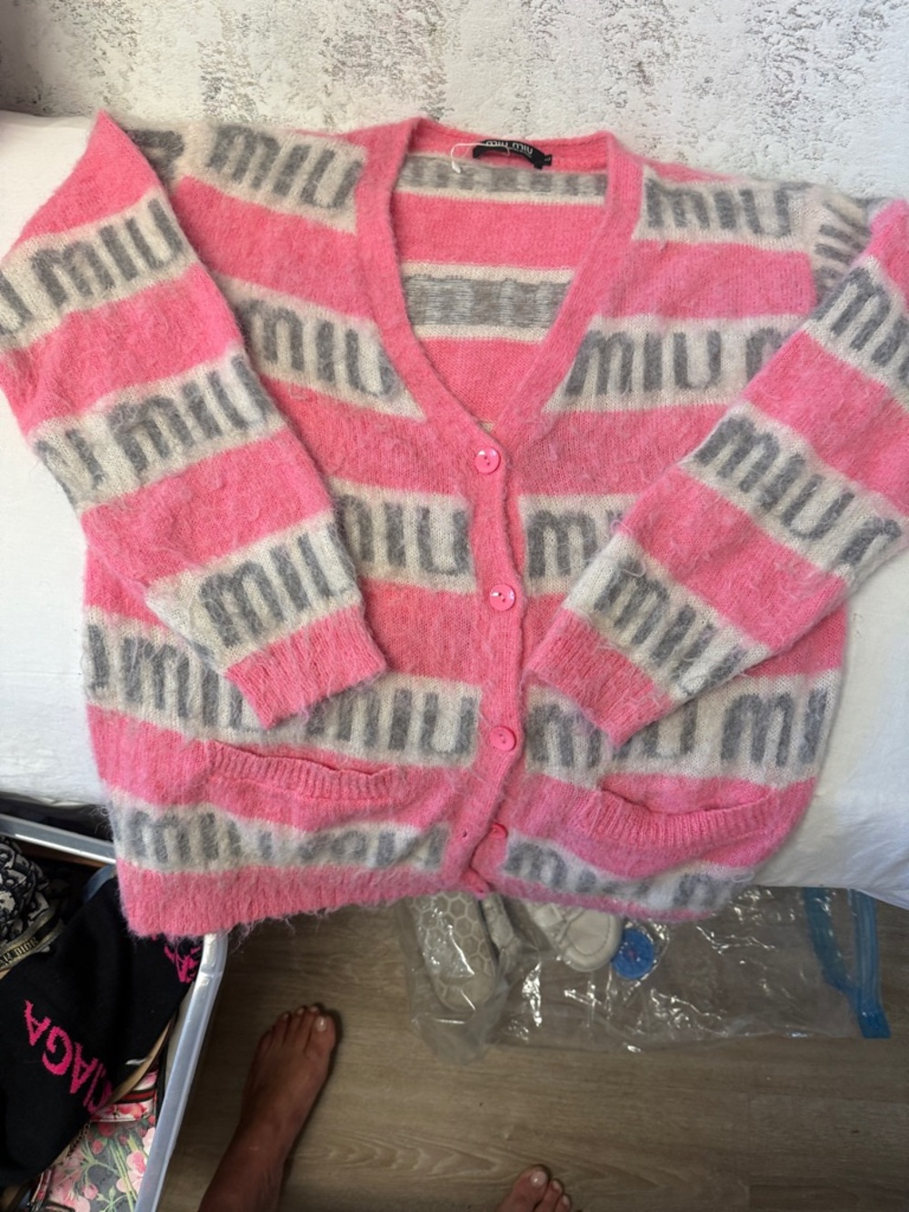 MIU MIU Pink & Gray Logo Stripe Mohair Blend Cardigan